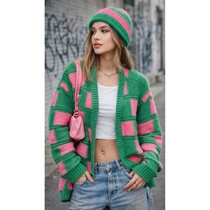 Davi & Dani Checkered Open Front Cardigan Checkerboard Sweater Womens Indie L